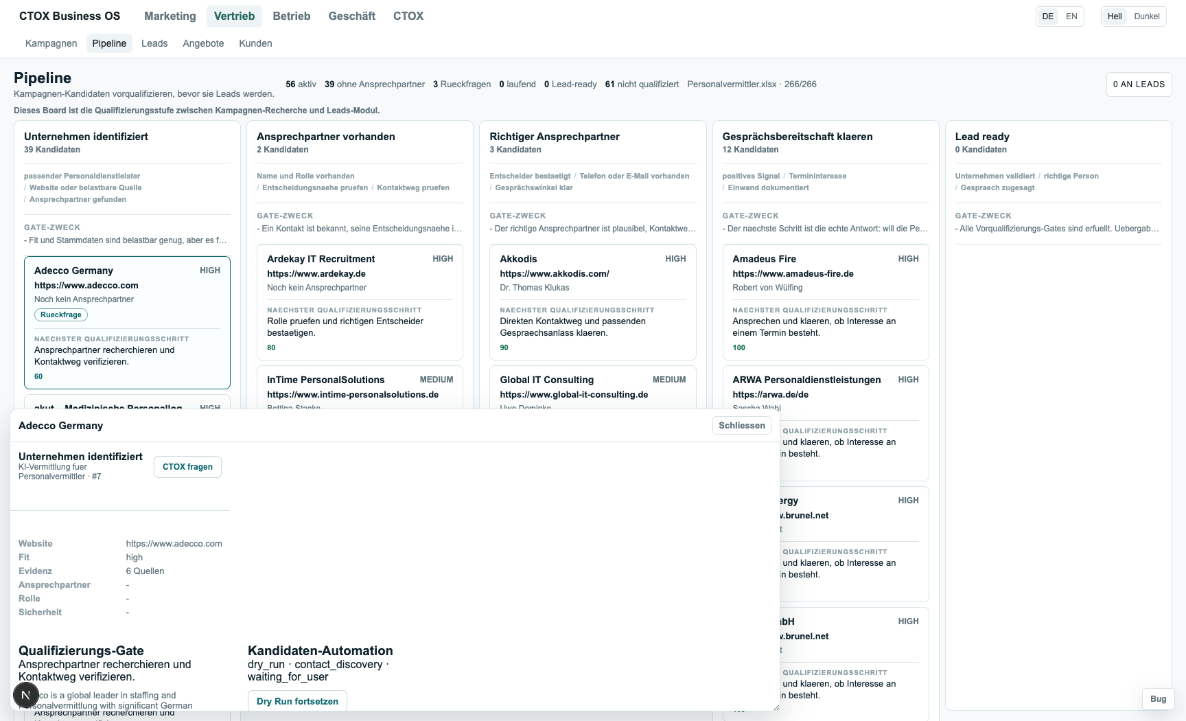 CTOX Business OS sales pipeline with candidate automation and research database request